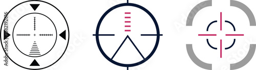 Bullseye target silhouette icon set with crosshairs and accuracy symbols.Abstract line art target icons set featuring various crosshair designs for accuracy and precision concepts.Minimal target icon