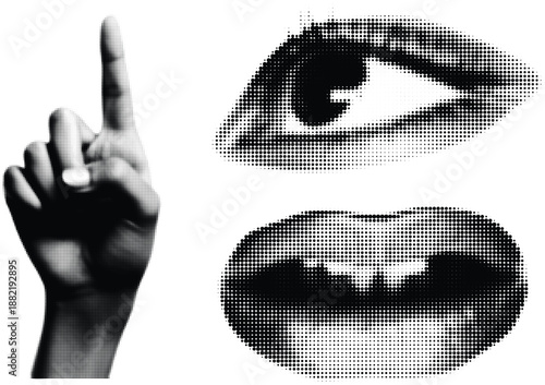 Halftone eye lips and hand pointing up with vintage dot texture art collage cut outs set Retro modern grunge mixed media illustration