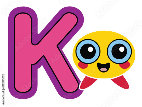 Cute smiling emoji character next to a brightly colored letter k on transparent background