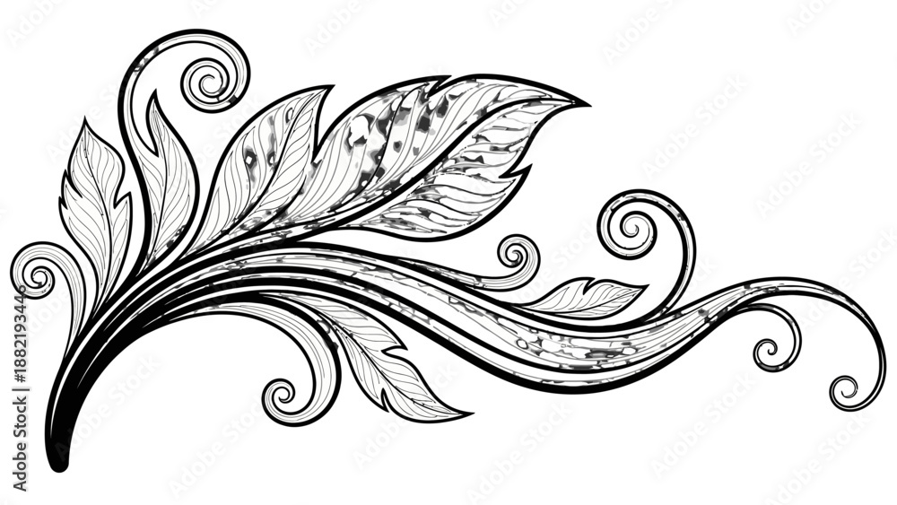 Fototapeta premium Elegant black and white floral design with swirling leaves and tendrils.