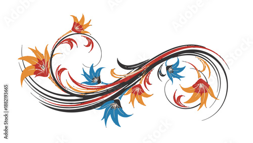 Vibrant abstract floral swirling design elements.