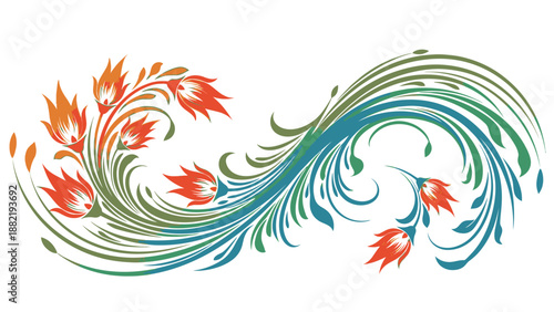 Vibrant Floral Swirling Pattern with Orange and Green Hues.