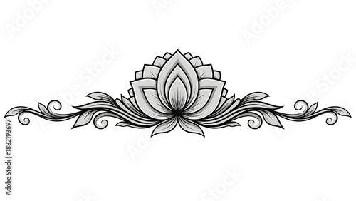 Black and white lotus flower with decorative leaves and swirls.