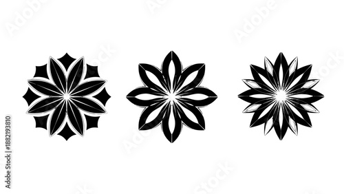 Three black and white floral designs on a white background.