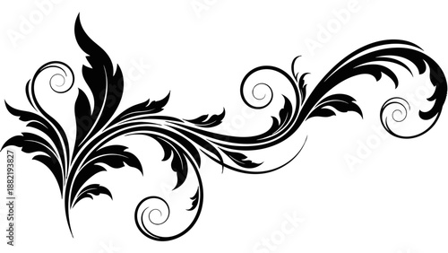 Elegant black floral design with swirling leaves and curls.