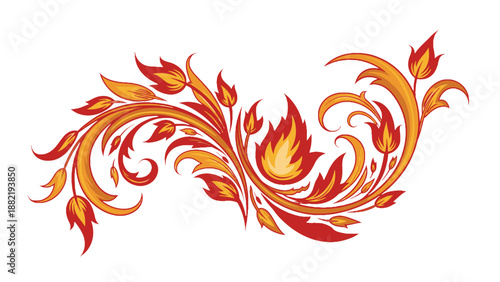 Vibrant flame design element with swirling leaves and fiery tendrils.