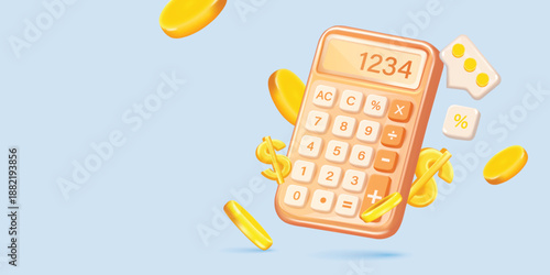 3D calculator with floating coins and percentage symbols, financial calculation concept, budgeting, savings and expense analysis, soft pastel background, business finance illustration
