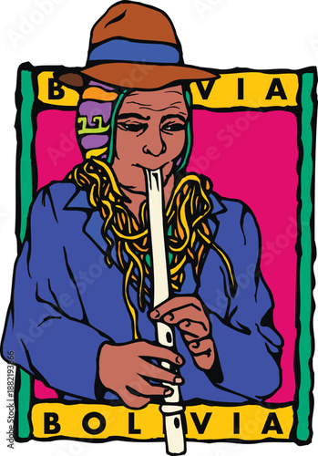 Colorful Bolivia Native Musician Playing Flute Illustration, Traditional Andean Artwork