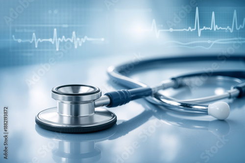 Close-up of a stethoscope resting on a reflective surface with a blurred blue background featuring an electrocardiogram line.