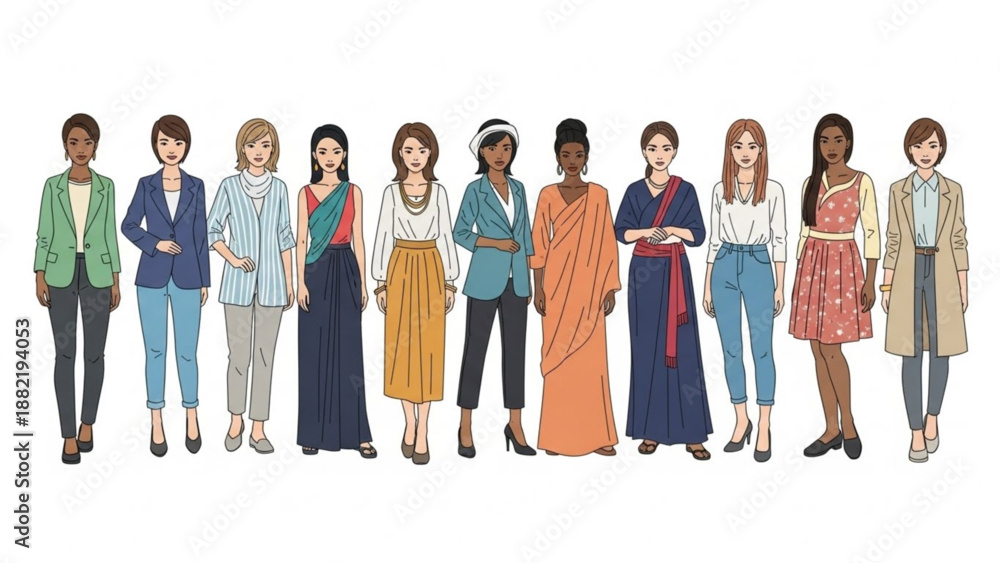 Obraz premium Diverse group of women standing together showcasing different styles and outfits