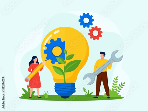 Vector illustration of a man and woman working together with a light bulb and gears symbolizing innovation and teamwork in a creative workspace