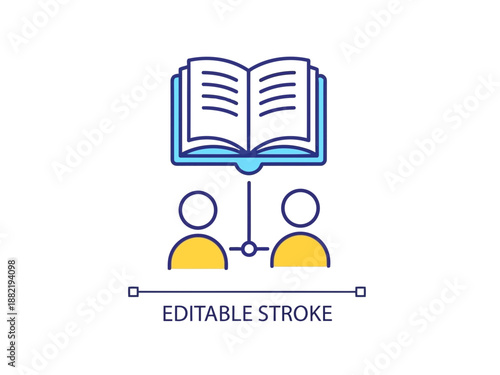 Editable stroke illustration of two people connected by book with editable lines and shapes