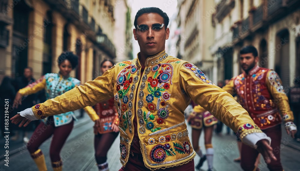 Fototapeta premium A man in a yellow jacket is dancing with a group of people