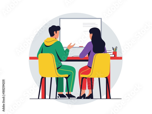 Two business colleagues sitting at a desk discussing in front of a whiteboard in a meeting room setting with a laptop