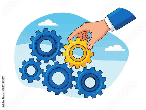 A hand in a business suit placing a yellow gear among blue gears on a blue background with clouds