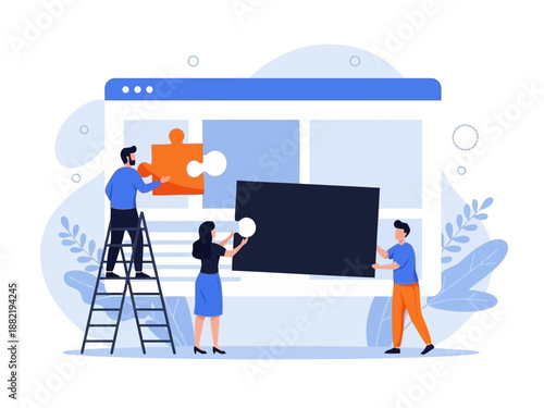 Three people working together on a large computer screen with a blue interface