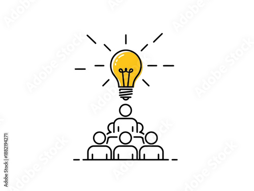 A line drawing icon of a group of people with a glowing lightbulb