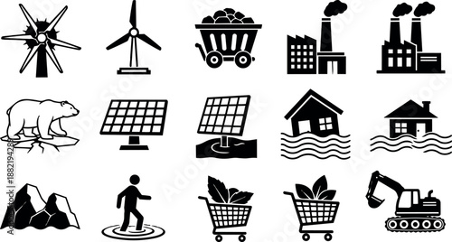 Black silhouettes of wind turbines, coal cart, factories with smoke, polar bear on ice, solar panels, flooded houses, person wading water and eco shopping carts