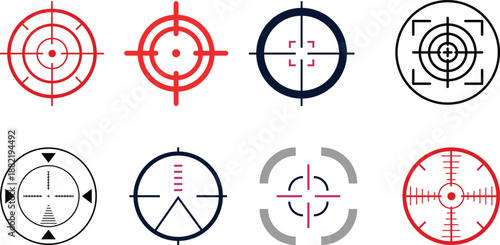 Bullseye target silhouette icon set with crosshairs and accuracy symbols.Abstract line art target icons set featuring various crosshair designs for accuracy and precision concepts.Minimal target icon
