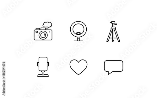 Set of icons for content creation: camera, ring light, tripod, microphone, heart, and chat bubble