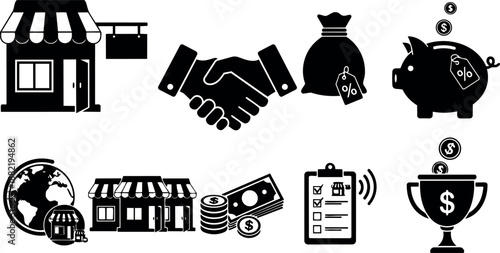 Black silhouette icons depicting handshake money bag piggy bank store global commerce checklist trophy success in vector style