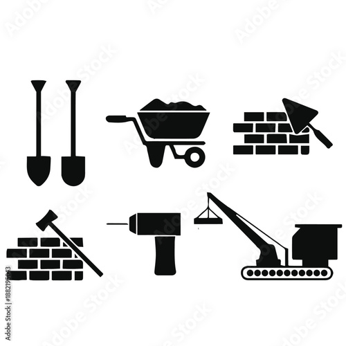 Set of 6 Black Construction Tools Icons Vector