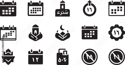 Islamic Ramadan Calendar Icon Set with Event Schedulers, Prayer Timings, and Arabic Numeral Symbols