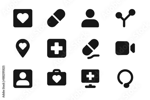 Geometric icon tile vitals precise black balanced vector telehealth set telemedicine shapes