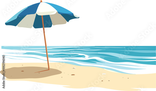 Beach Scene with Umbrella and Calm Waves, Relaxing Seaside Landscape, Minimal Summer Vacation Concept