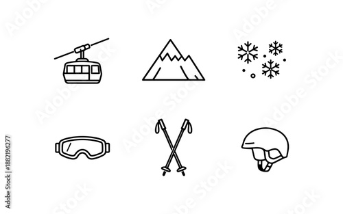 Collection of winter sport icons including ski lift, mountains, snowflakes, goggles, poles, and helmet