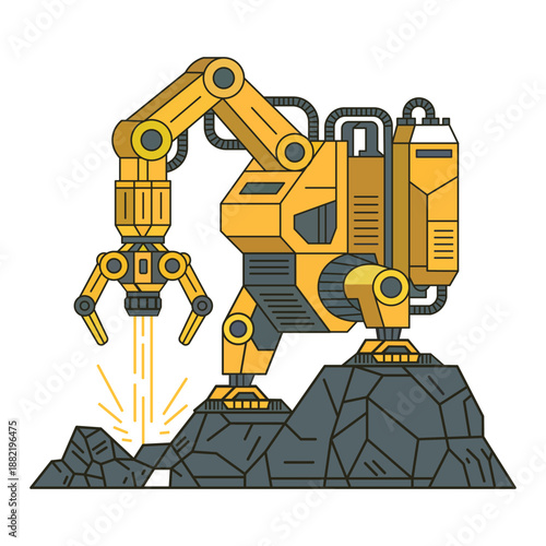 Flat Vector Illustration of Industrial Robotic Arm Machine Excavating Rock on Asteroid Surface 