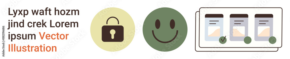 Fototapeta premium Data privacy, security protocols, app development, user experience, online verification, satisfaction. Lock symbol, happy face app screens with checkmarks. Data privacy and security protocols