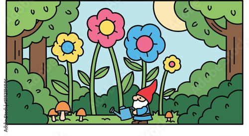 Adorable garden gnome diligently waters huge colorful cartoon flowers among lush green bushes and trees under a bright sunny sky with small mushrooms nearby in a whimsical outdoor scene illustration.
