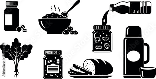 Black and white vector icons showing probiotic jar with pouring liquid, coffee beans with bottle, bowl of oatmeal with spoon, root vegetable, bread slices, and thermos flask isolated