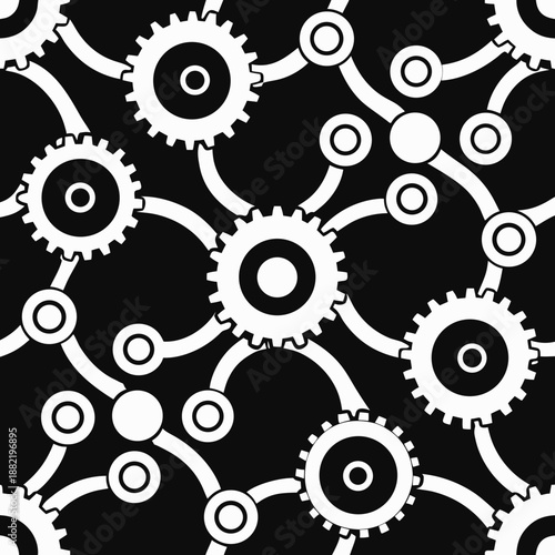 Title: A black and white pattern of interlocking gears creating a seamless and repetitive
