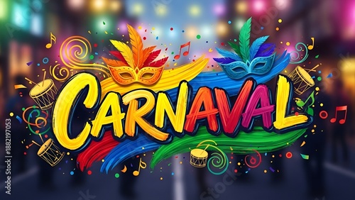 Letreiro Carnaval com estilo artístico pintado à mão e cores vibrantes e alegres
