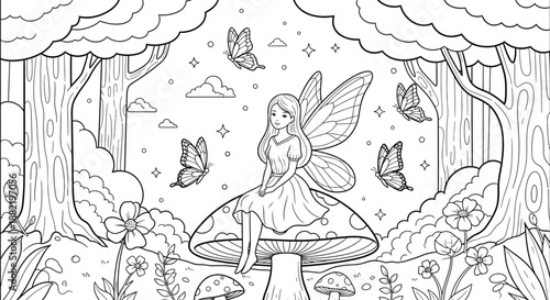 Adorable fairy with delicate wings gracefully seated upon a large spotted mushroom while surrounded by fluttering butterflies and woodland scenery perfect for a child's coloring book adventure