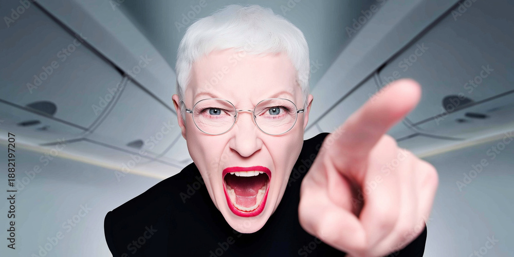 Obraz premium Furious woman on an airplane yelling and pointing directly at camera, showing intense anger and conflict during air travel