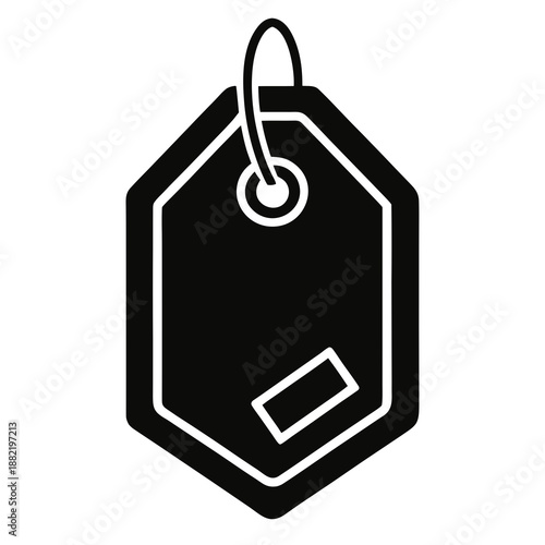 Title: A black and white of a hexagonal price tag with a hole and a string at the