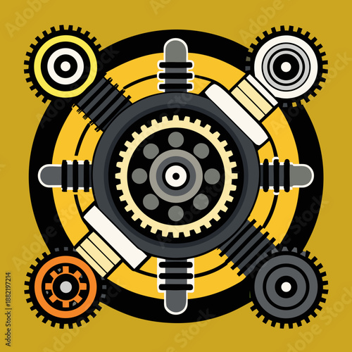 Title: A vibrant of mechanical gears with a central circular and various colors on a yellow