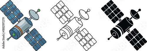 Communication satellite silhouette & Outline and illustration set isolated on transparent background