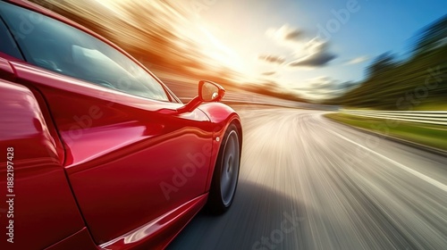 Red Business car on high speed in turn. Super car rushing along a high-speed highway with motion speed in sunny day.