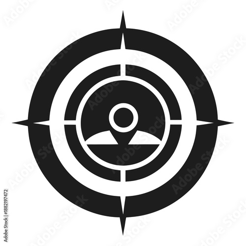 Title: A black and white target with a central symbol resembling a stylized bird or airplane