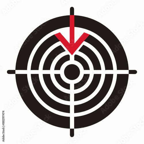 Title: A black and white target with a red arrow pointing downward in the center of concentric