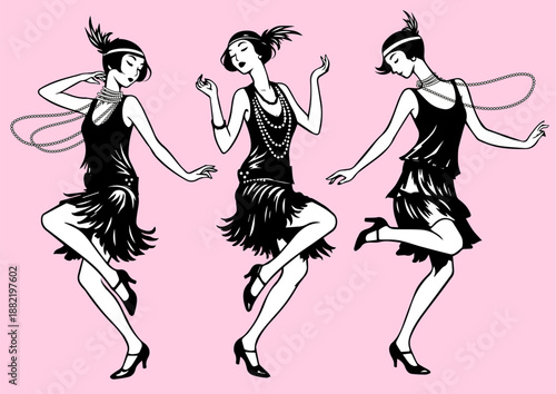 1920s Flapper Dancers Illustration Set in Art Deco style wearing fringe dresses, pearls and headbands, inspired by Jazz Age, Charleston dance and vintage fashion.