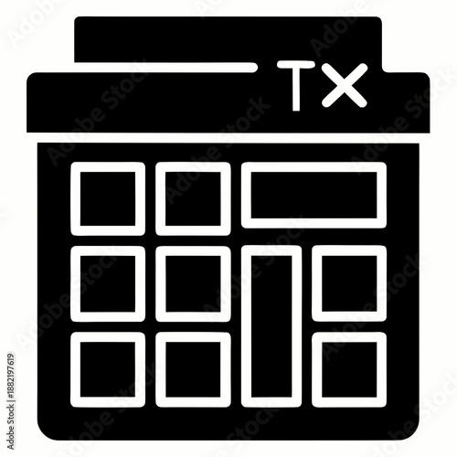 Title: Black and white calculator with a TX symbol and multiple buttons calculation