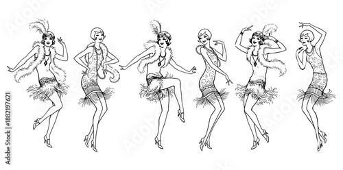 1920s Flapper Dancers Illustration Set in Art Deco style wearing fringe dresses, pearls and headbands, inspired by Jazz Age, Charleston dance and vintage fashion.