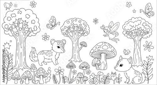 Enchanting enchang forest coloring page featuring charming woodland creatures like spotted deer, small animals, magical fairies, whimsical butterflies, and oversized polka-dotted toadstools nestled 