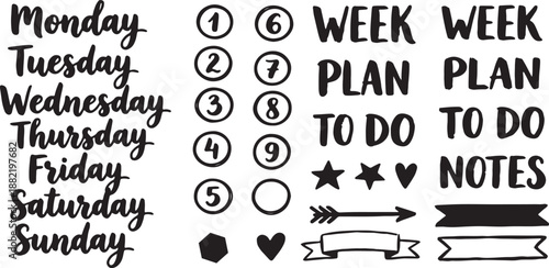 Week plan to do stickers, daily planner icons, week plan notes, bullet journal elements, Isolated on transparent background