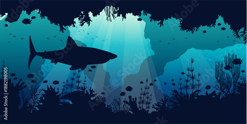 Underwater cave with silhouette of shark, coral reef and fishes. Vector illustration with marine life. Seascape image.